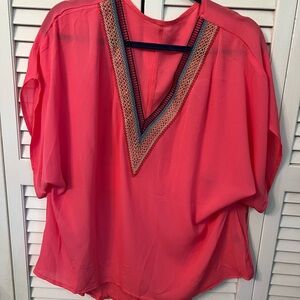 SHEIN Bright Pink V-Neck Blouse with Embroidered Detail